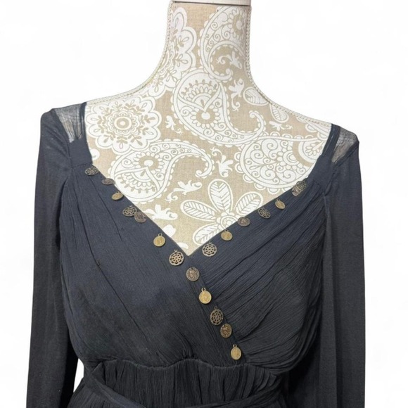 Vintage Black Mini Silk Dress Spencer Jeremy Deep V Boho Chic CottageCore - Picture 2 of 6